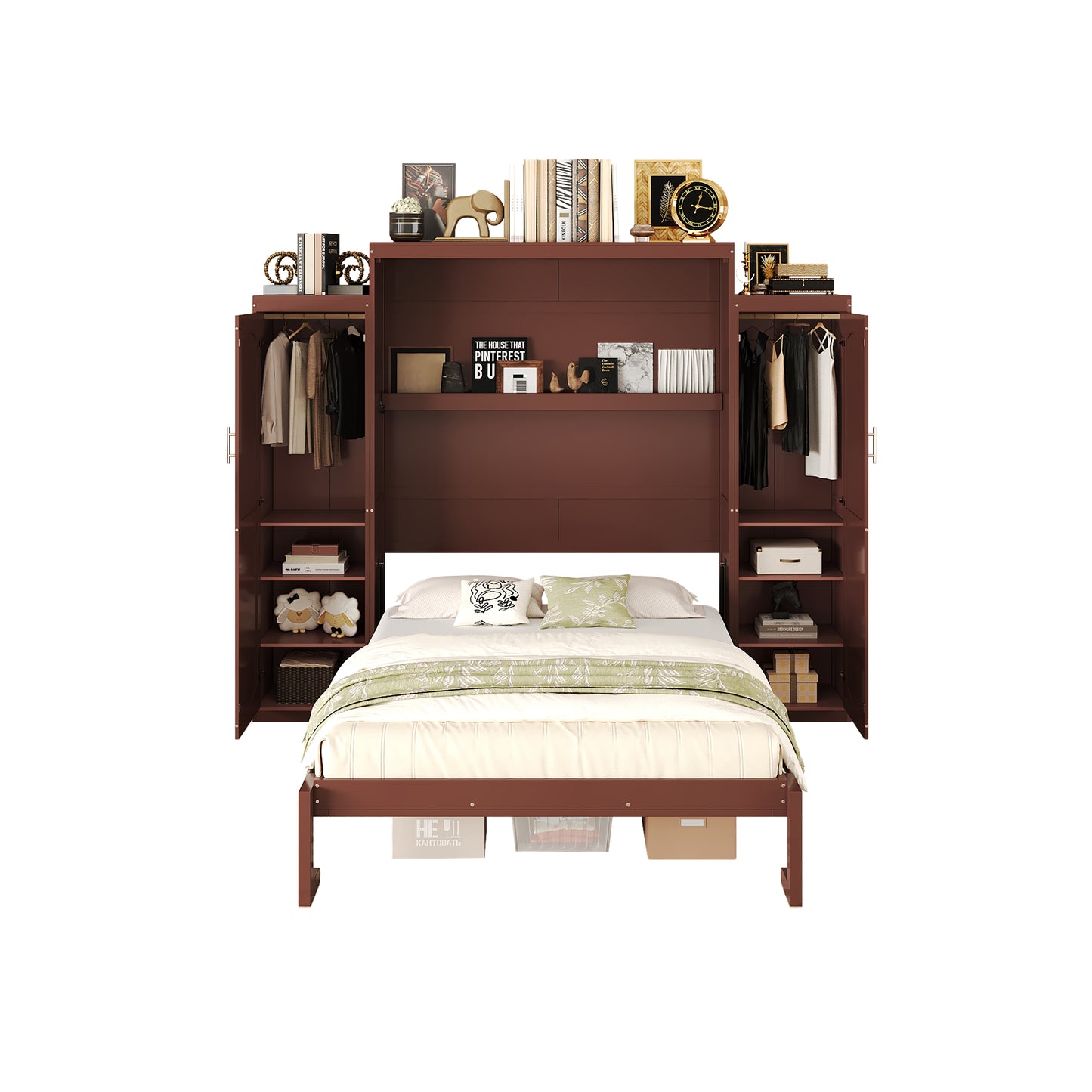 Queen Size Murphy Bed, Wooden Queen Wall Bed With 2 Wardrobe And Storage Shelf, Multifunctional Foldable Platform Bedframe For Guest-Room, Bedroom, Walnut