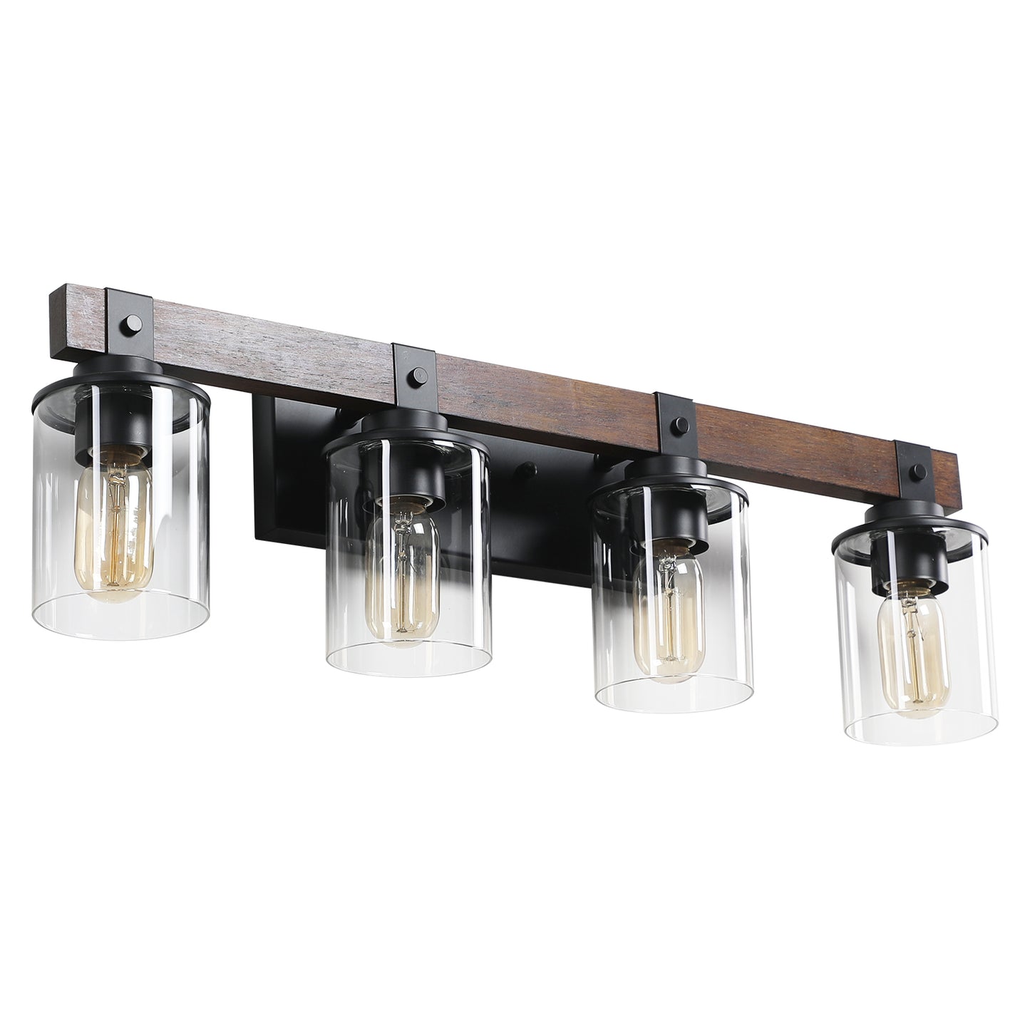 27in  Rustic 4-Light Vanity Light, Industrial Bathroom Wall Sconce With Glass Shades And Wood Accent, Modern Farmhouse Lighting Fixture  No Bulbs