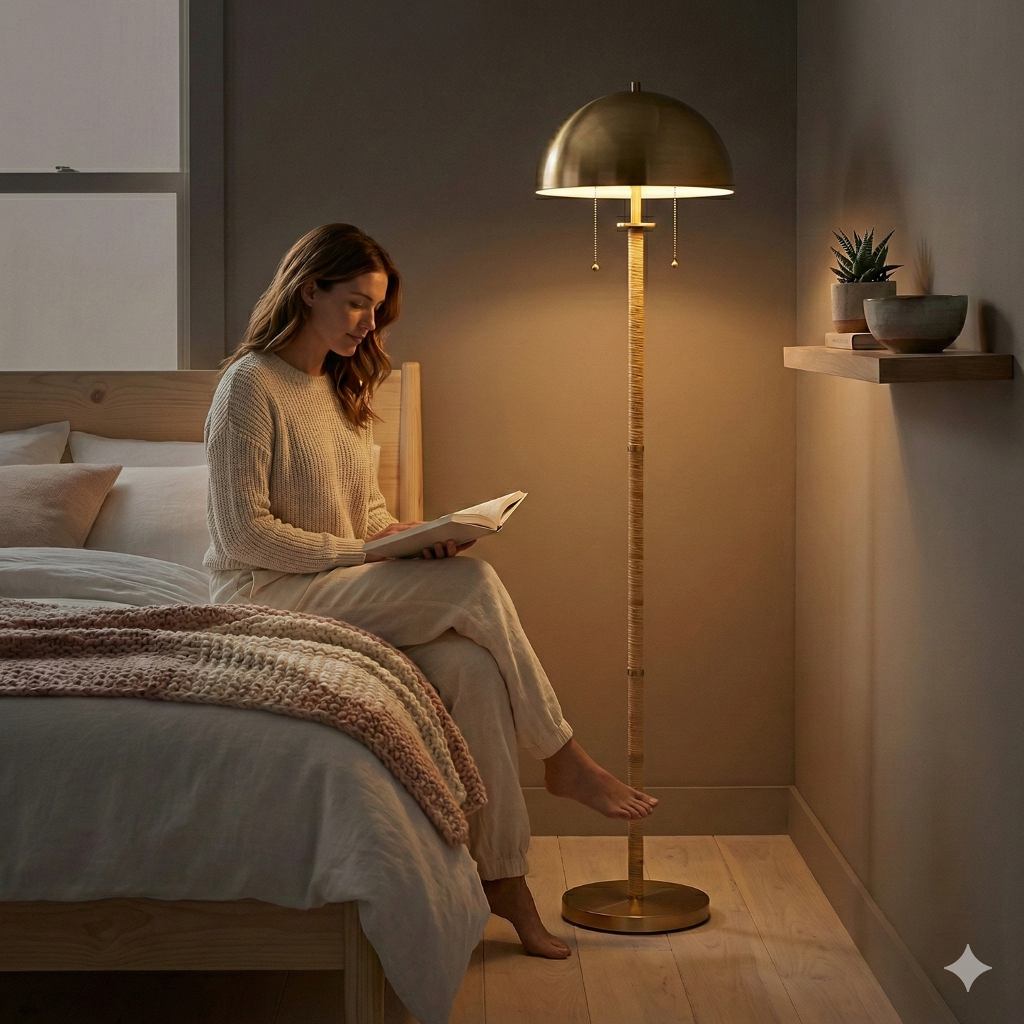 Allure 2-Light Floor Lamp, Gold Brass, Natural Rattan Details , Double On Off Pull Chain