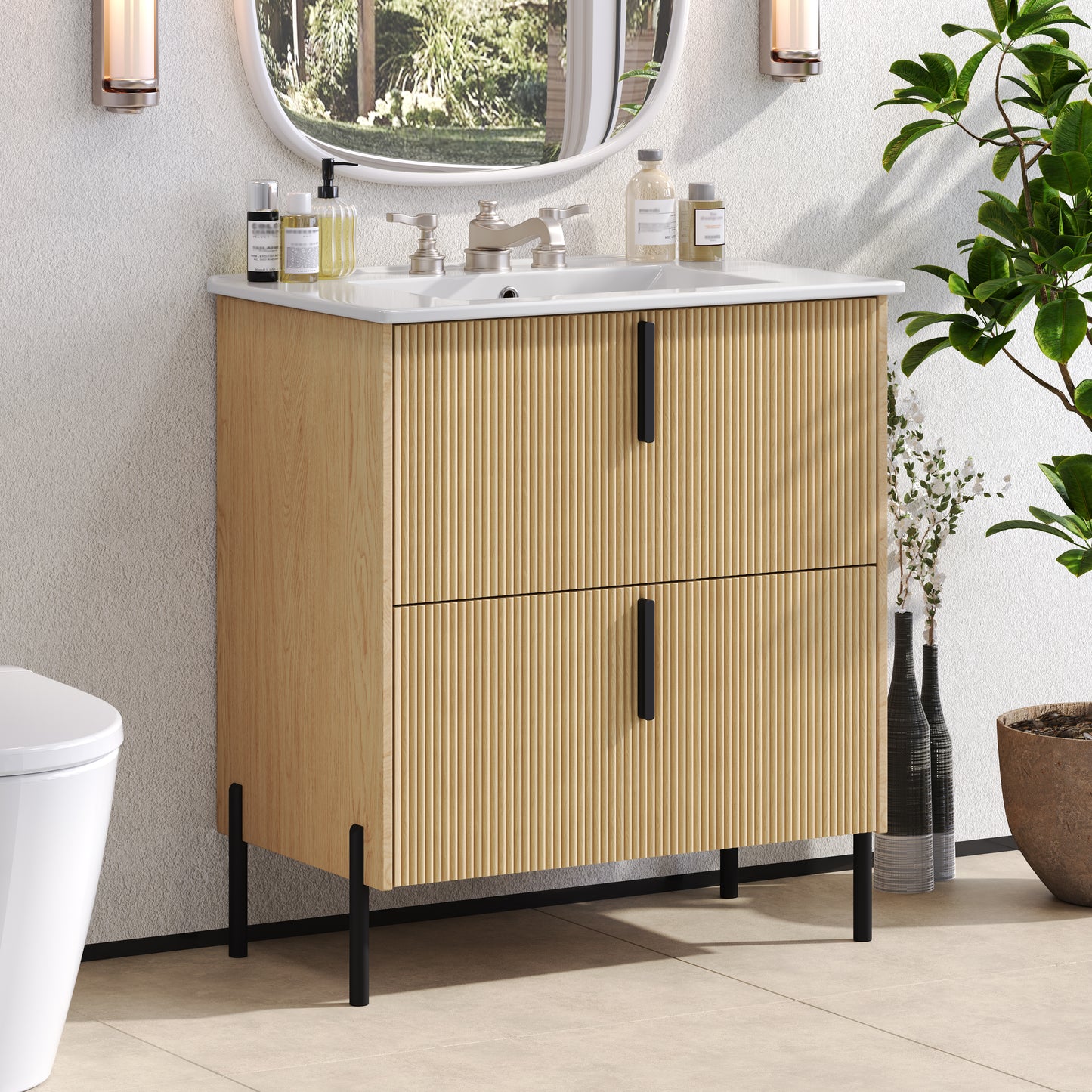 30  Bathroom Vanity With Ceramic Sink And Full-Extension Drawers, Soft Close Undermount Drawer Slides, Fluted Design, Natural
