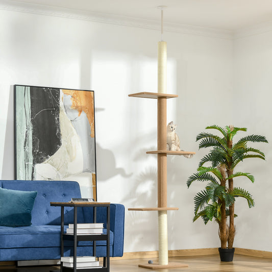 Floor-to-Ceiling Cat Tree Cat Climbing Tower With Sisal-Covered Scratching Posts Natural Cat Tree Activity Center For Kittens Cat Tower Furniture, Light Brown