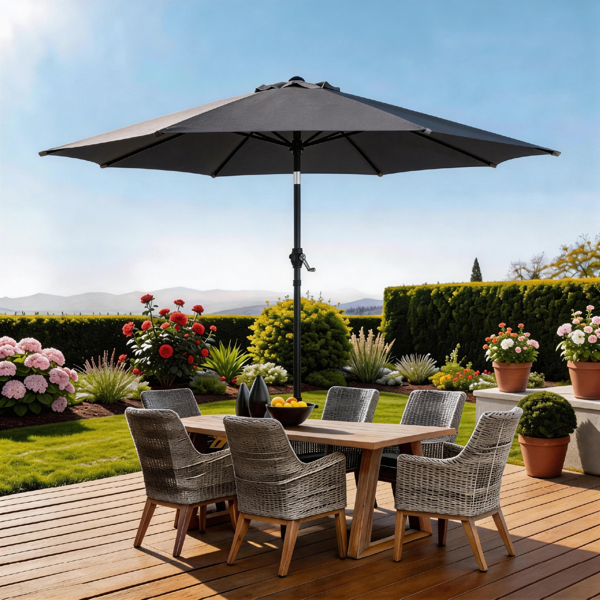 7.5FT Round Outdoor Patio Umbrella With Tilt Adjustment, Crank Lift System, 6 Iron Ribs & Iron Pole, Waterproof UV Protected Polyester Canopy, Gray