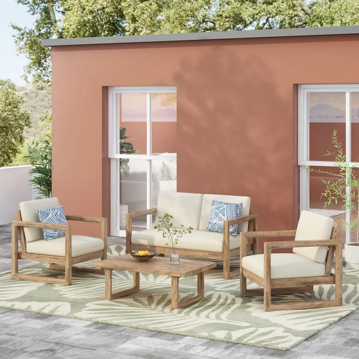4-Pieces Acacia Wood Patio Furniture Set, Outdoor Furniture With Coffee Table, Patio Conversation Set Deep Seating With Soft Cushion, Porch Chairs For Porch Balcony, Brown Wash, Beige