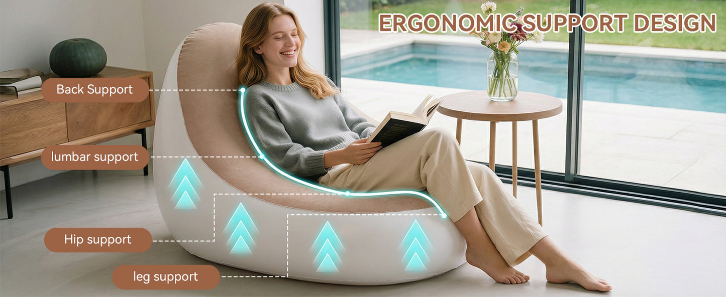 Inflatable Chair With Ottoman Flocked Water Proof Comfortable Blow Up Air Chair Brown