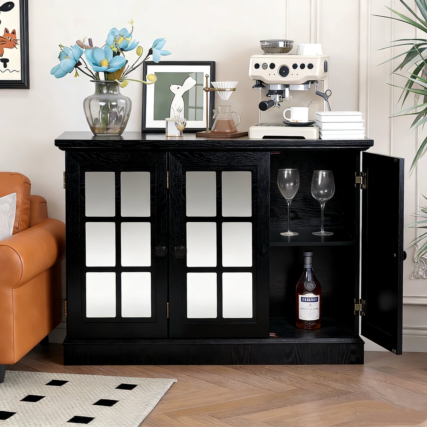 45 W Storage Cabinet With 3 Mirrored Acrylic Doors, Sideboard With Adjustable Shelves For Living Room Dinning Room Kitchen, Black Decorative Laminates And MDF Substrate Buffet With Magnetic Door