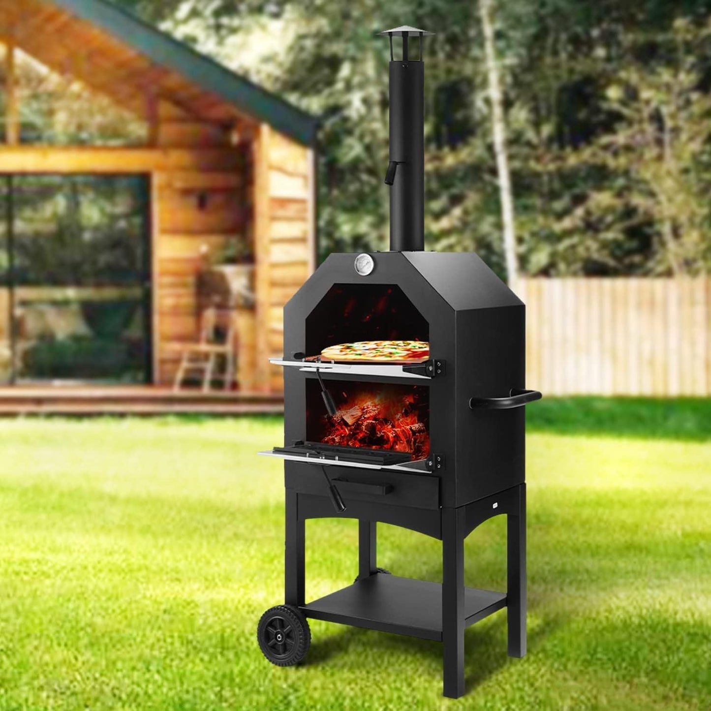 Outdoor Pizza Oven, Wood Fired Pizza Oven With Wheels For Outside, Portable Pizza Maker With Stone, Peel, Cover & Cooking Grids For Backyard, Patio, Camping, Black