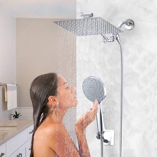 Chrome Shower Head, 10 Inch High Pressure Rainfall Shower Head Handheld Shower Combo With 11 Inch Extension Arm, 6 Settings Adjustable Anti-leak Shower Head With Holder Hose, Height Angle Adjustable