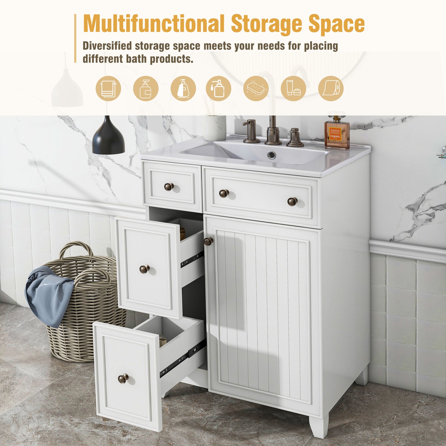 24-Inch Bathroom Vanity Cabinet With Ceramic Sink, 2 Drawers, 1 Door