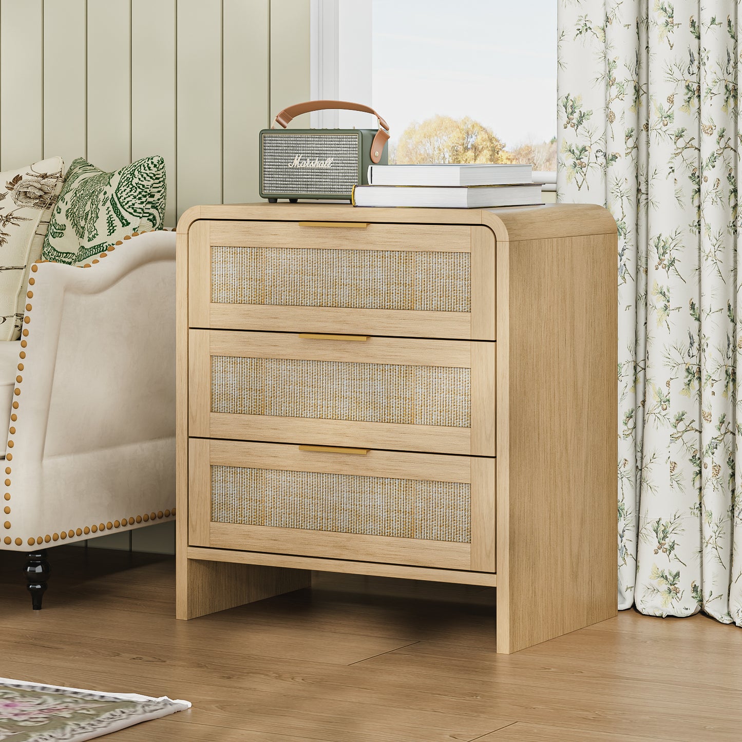 Rattan 3 Drawers Nightstand Set Of 2,  22.8  Wide Curved Wooden Bedside Table, Modern Storage For Bedroom, Natural Oak.