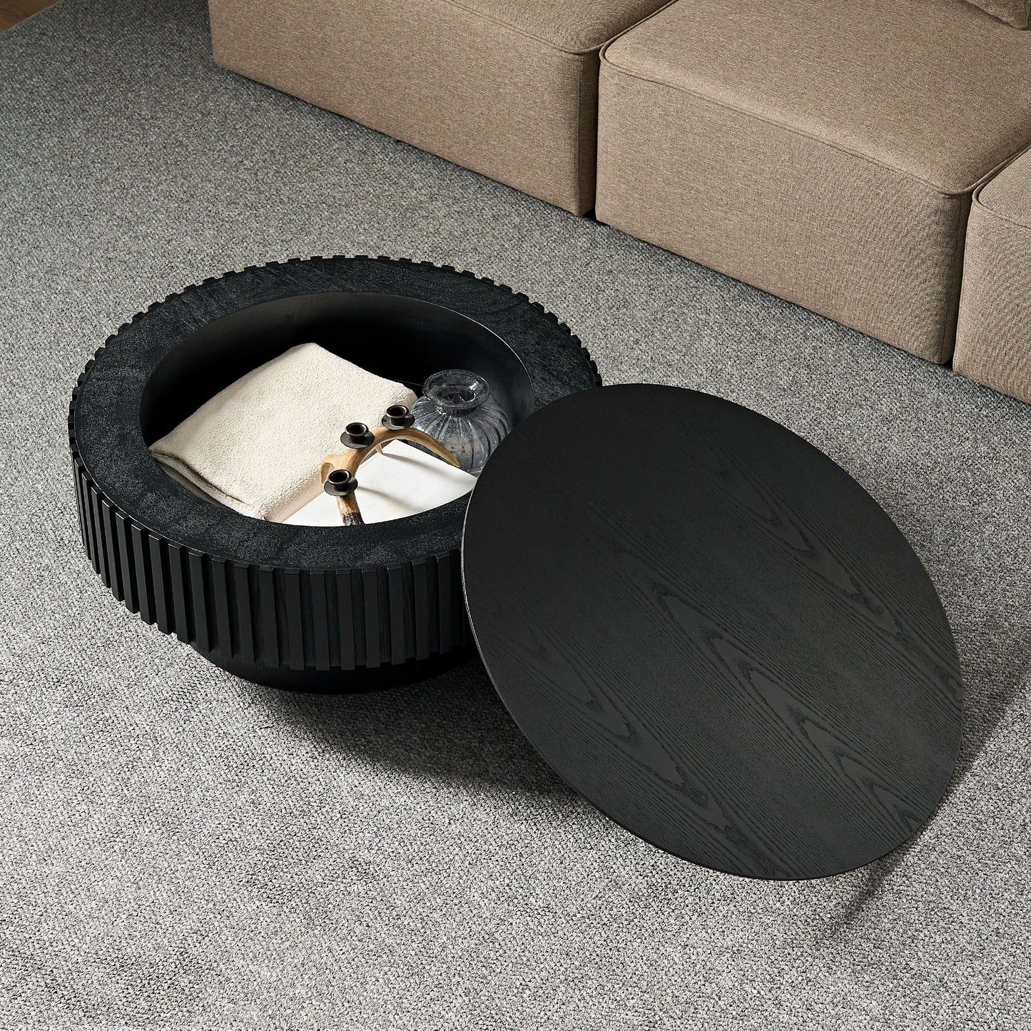 31.49   Nesting Round Wood Coffee Table With Storage For Apartment, Modern Living Room Coffee Table With Sturdy Pedestal ,BLACK