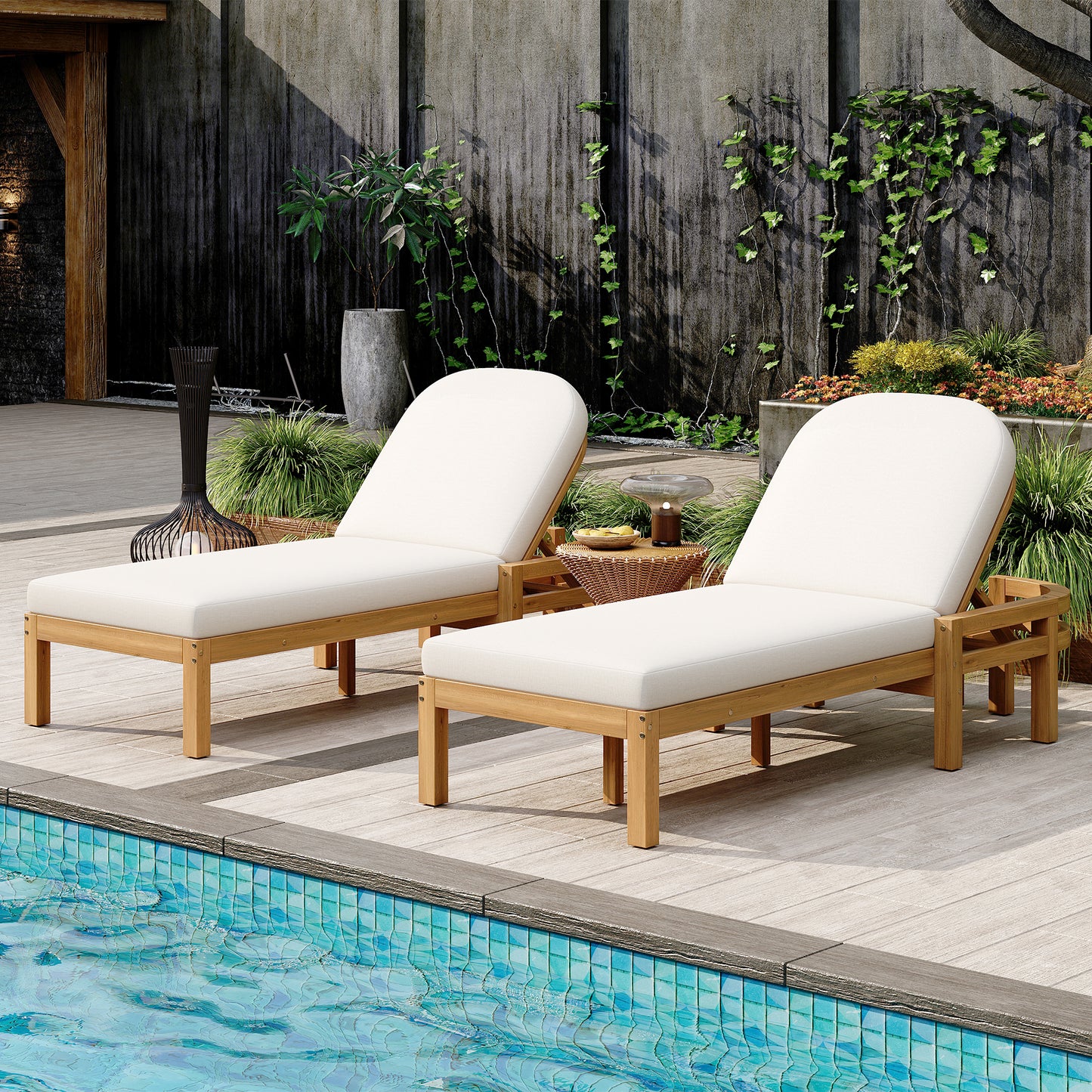 TREXM Outdoor Chaise Lounge Set Of 2  Premium Acacia Wood Patio Recliner With Arched Backrest  5-Position Adjustable Backrest  Outdoor Lounge Chair For Poolside   Deck & Lawn  Light Teak