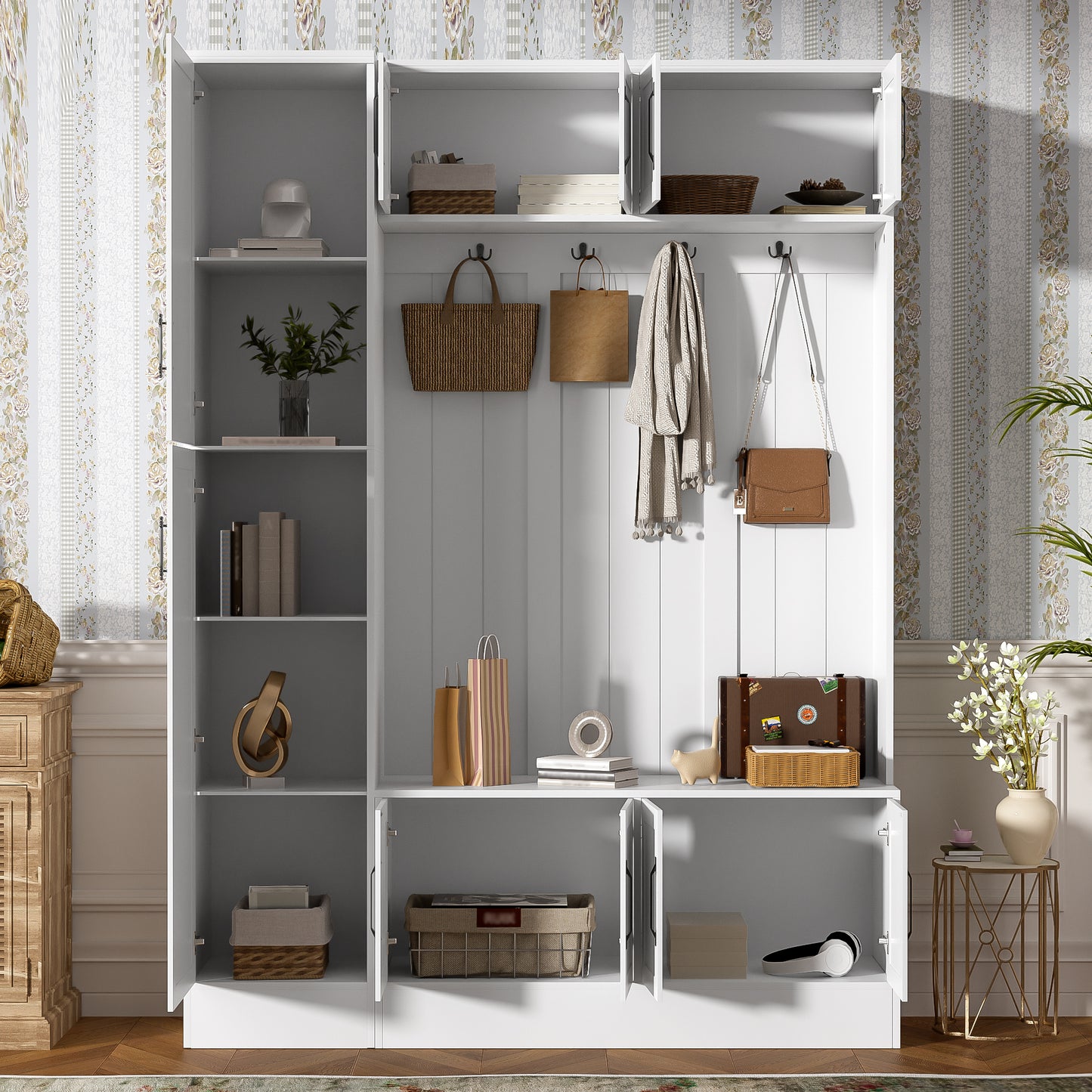 VIBE HAUS 79  Tall Modern Hall Tree With Shoe Storage, 4-in-1 Entryway Bench With 6 Cabinets, 4 Coat Hooks & Adjustable Shelf For Hallway, Living Room, White