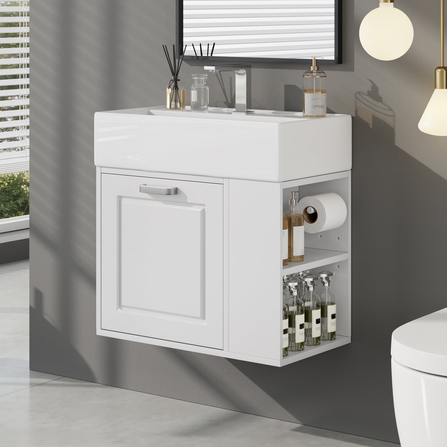 21.8 Inch Bathroom Vanity With Sink, Wall Mounted Floating Cabinet, One Big Drawer, Adjustable Shelf, Toilet Paper Holder, Soft-Close System, White