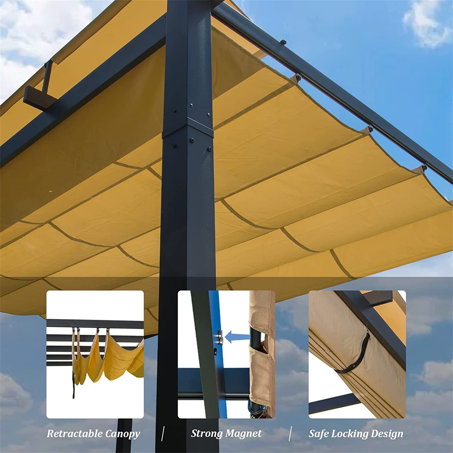 Outdoor Retractable Pergola With Weather-Resistant Sun Shade Canopy, Aluminum Pergola Gazebo For BBQ, Party, Wedding, Patio, Backyard, Deck, Garden