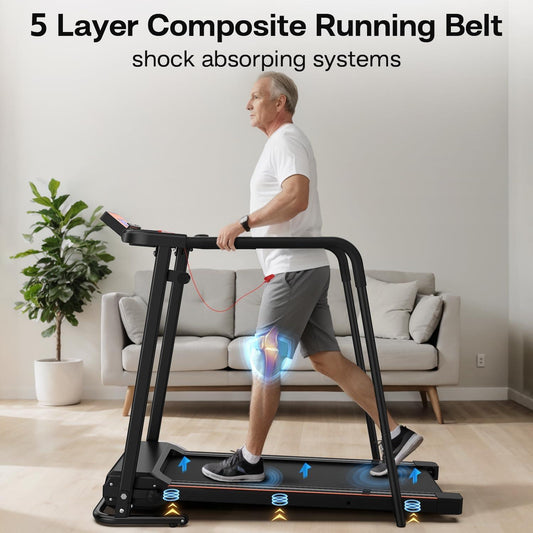 Elderly Rehabilitation Treadmill With Long Armrests LCD Display 300 Lbs Weight Capacity 3 Control Modes Cup Holder 0.5 To 7.5 MPH Speed Safety Key Easy-Move Wheels