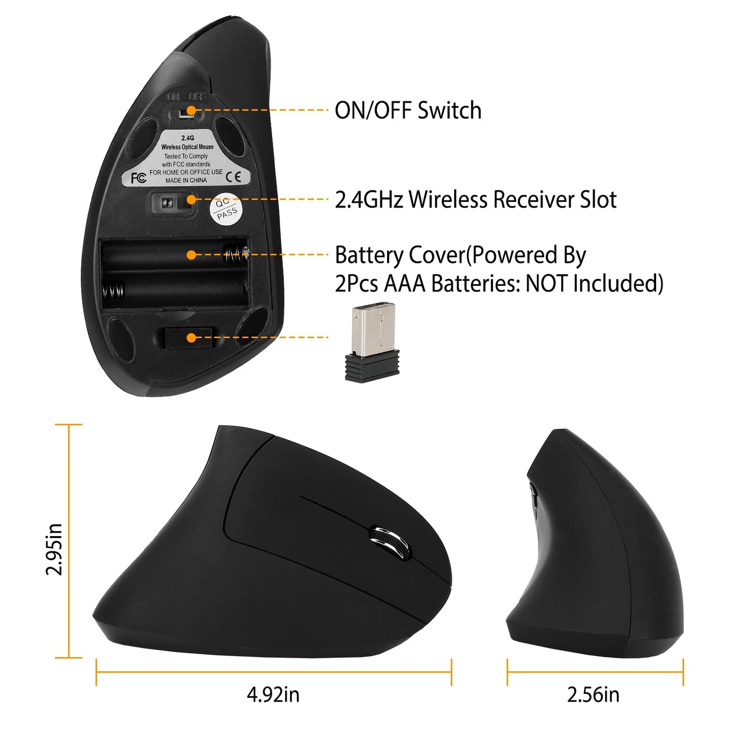 2.4G Wireless Vertical Mouse Ergonomic Optical Mice With 6 Buttons 3 Adjustable DPI 800 1200 1600 Levels For Laptop PC Computer