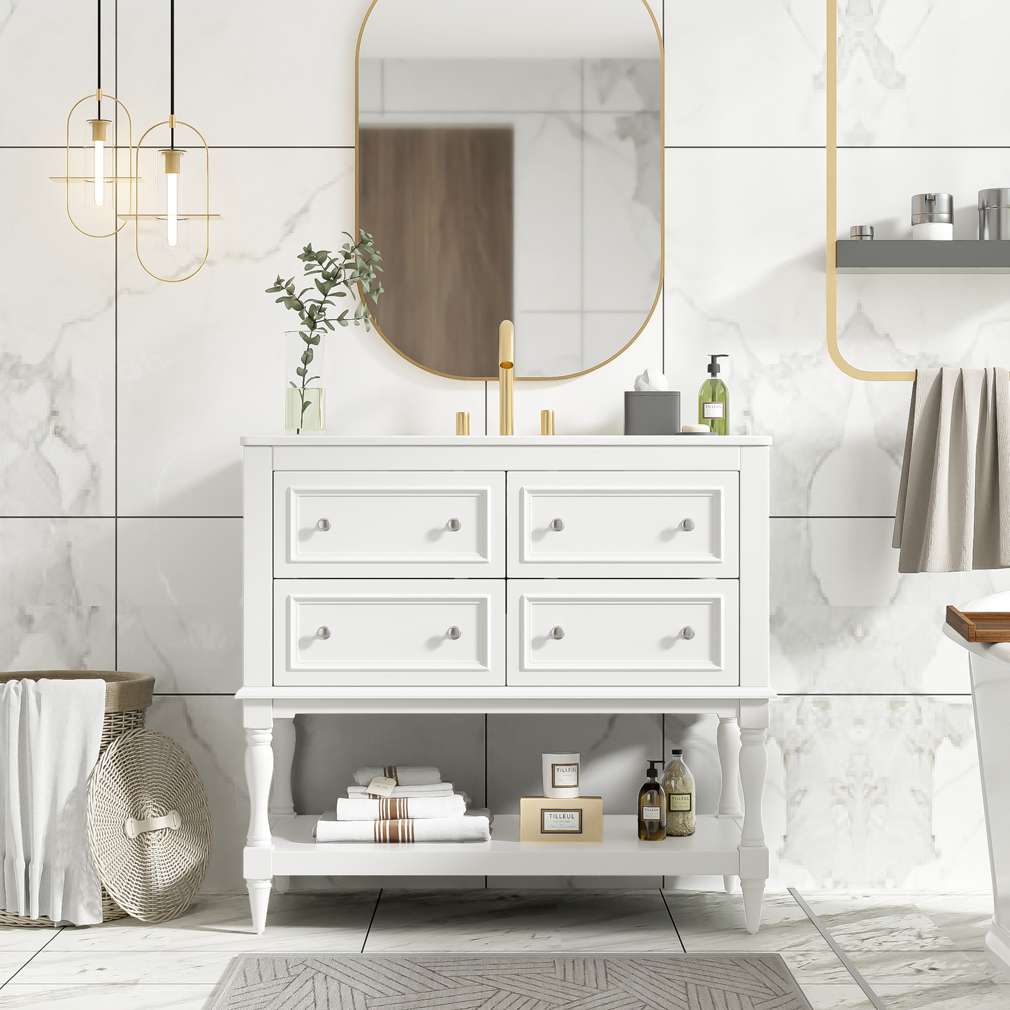 36 Bathroom Vanity Cabinet With Sink Combo Set, Undermount Ceramic Sink, Free Standing Vanity Set With 4 Drawers, Solid Wood Frame Bathroom Cabinet, White