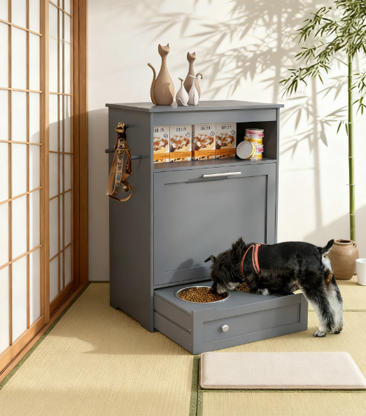 Pet Feeder Station Storage Cabinet, With Dog Raised Bowls, Gray