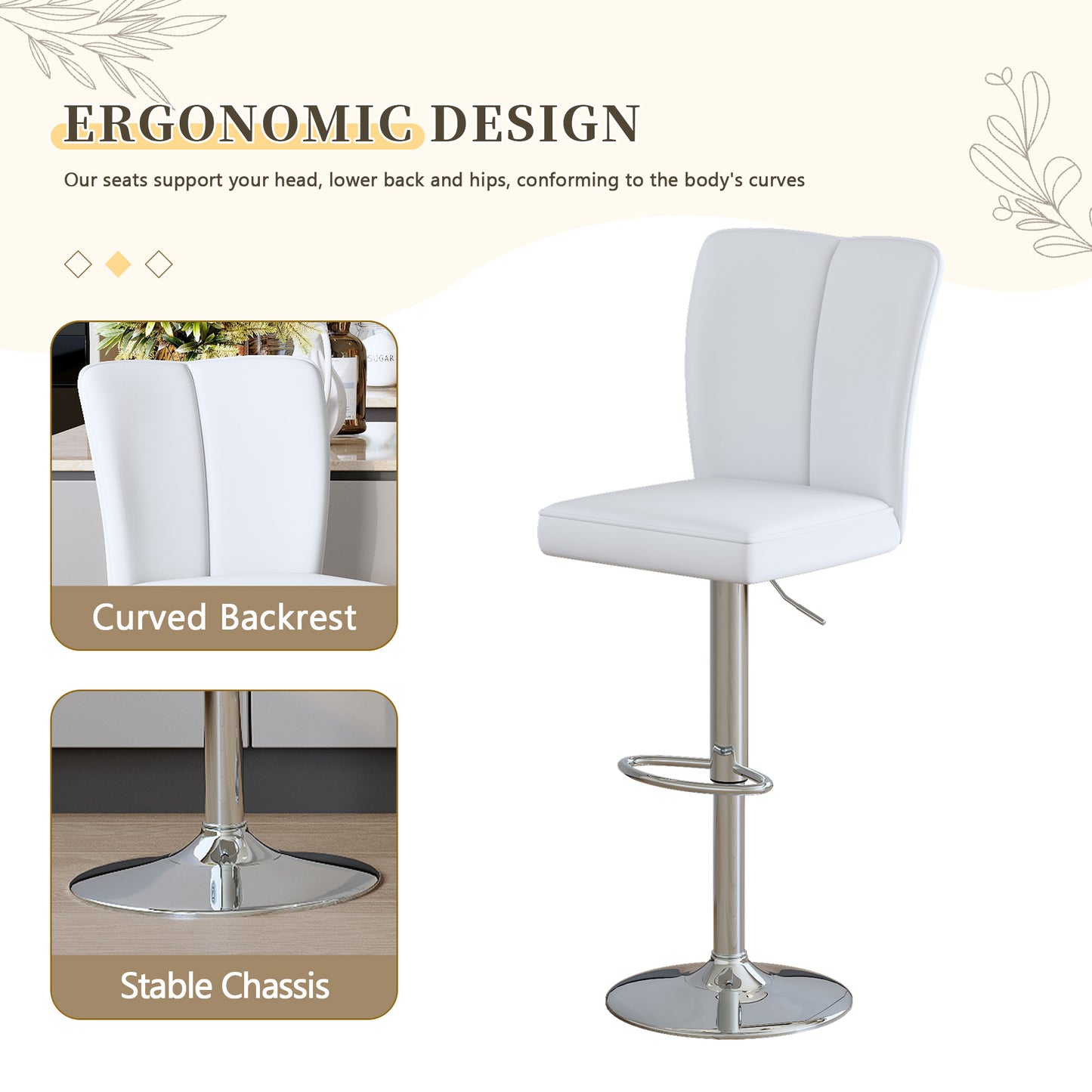 Modern White PU Bar Stool Set - 2-Piece, Featuring Vertical And Smooth-lined Backrests With Trumpet-shaped Silver Metal Legs. Ideal For Placement In Bars, Living Rooms, Lounges, And Similar Settings.
