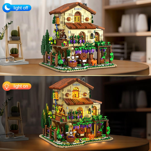 Winery Chateau House Building Set With Lights, Vineyard Castle Construction Model Home Decor, Vine Estate Autumn Cabin Building Block Kit, Birthday Gift For Adults Teens Boys Girls