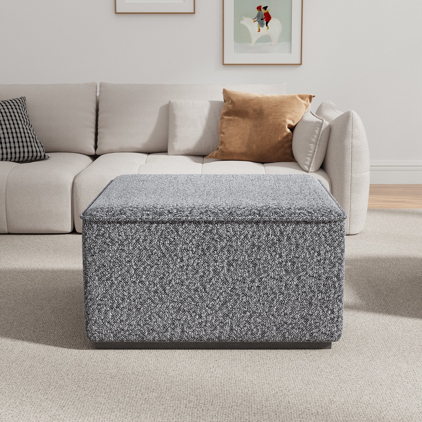 Square Upholstered Ottoman With Black Solid Wood Rubber Feet