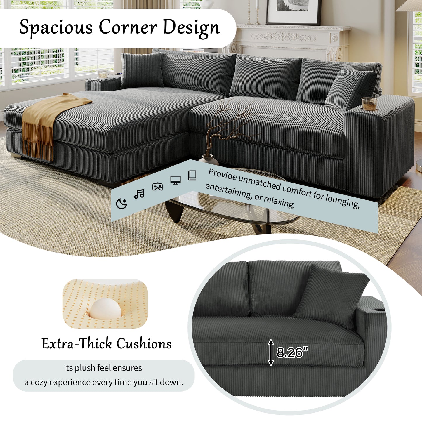 Mirod Large Sectional Sofa With Thick Cushions, And Built-in Cup Holders & Charging Ports
