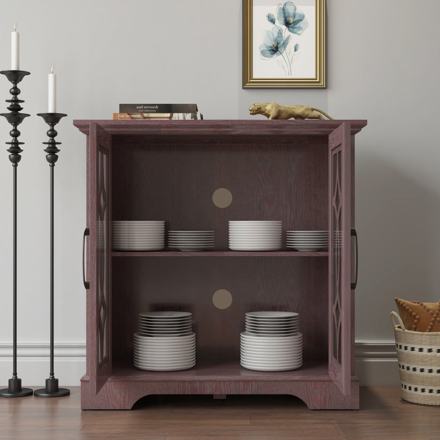 34.37 X 15.55 X 34.06in Spacious Size Sideboard 2 Clear Tempered Glass Doors Buffet With Adjustable Shelf, MDF With Dark RED Decorative Laminates Storage Cabinet For Dinning Room, Kitchen,living Room