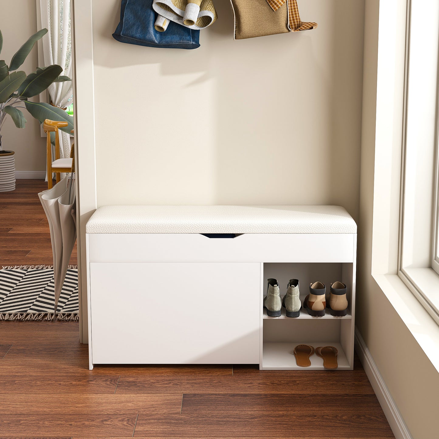 Entryway Bench With Shoe Storage,Adjustable 3-Tier Flip-Up Drawers & Hidden Cabinet,Space-Saving Shoe Organizer,Triple Storage And Modern Design,for  Hallway And Living Room,White