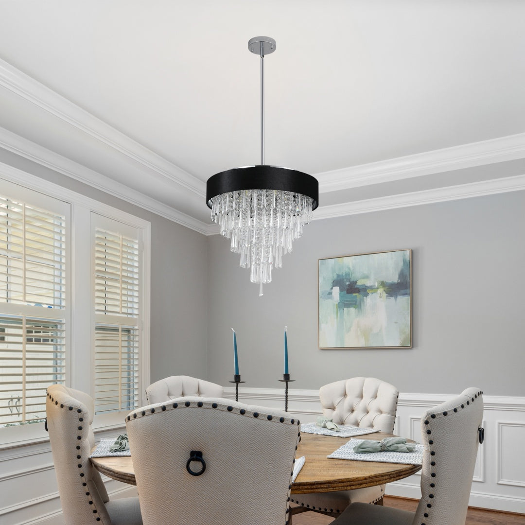 18-inch Modern Crystal Chandelier With Black Imitation Velvet Anti-Glare Shade, Adjustable Height, 8-Light G9 Base For Dining Room, Living Room, Or Bedroom  Bulb Not Included