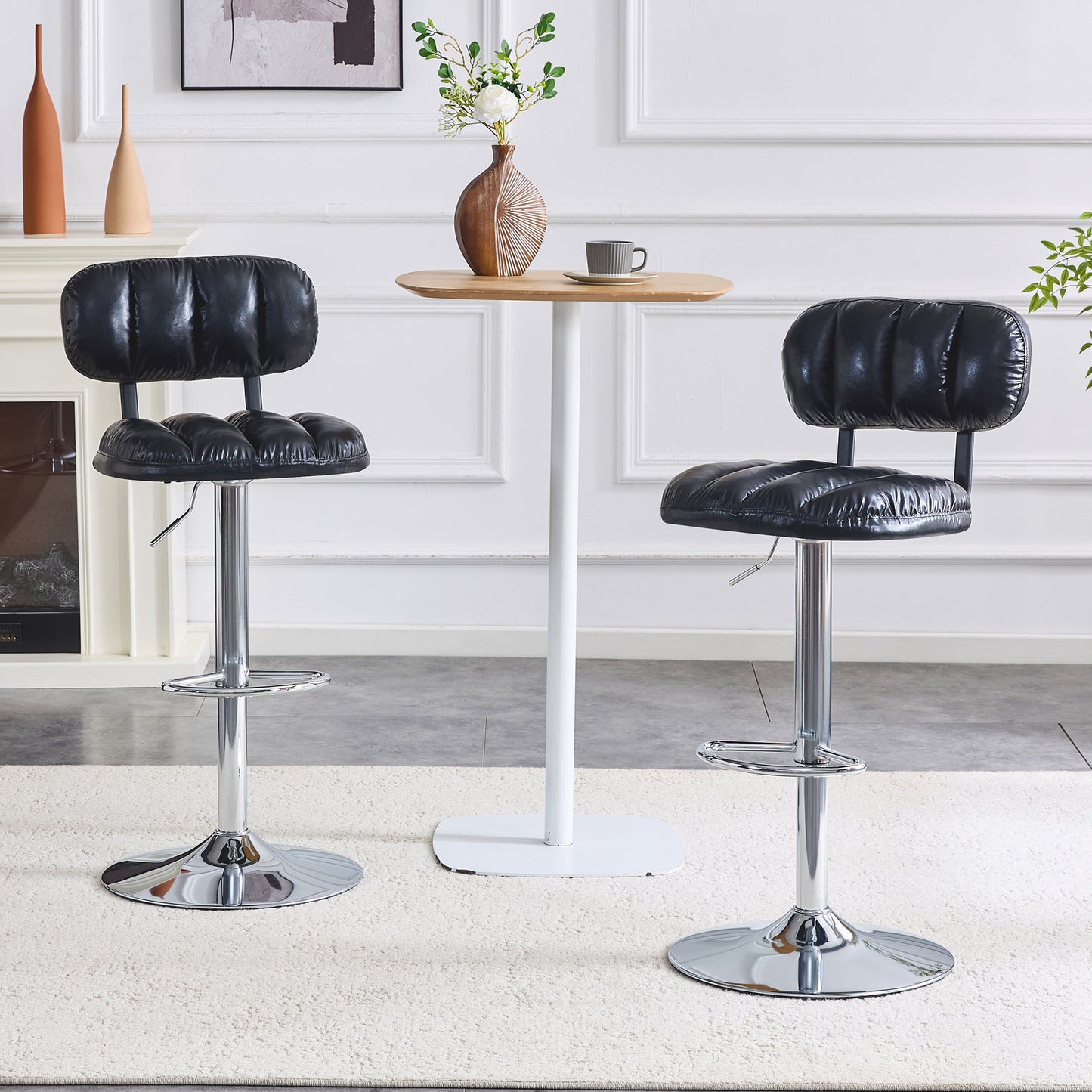 Set Of 2 Adjustable Height Bar Stools, Black PU Leather Upholstered With Chrome Base & Footrest, Modern Comfortable Stools For Kitchen Island, Home Bar, Game Room & Office Break Area