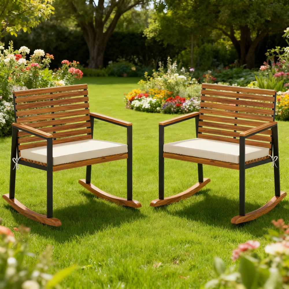 Lawn Rocking Chair Set Of 2 Rocking Chairs With Armrests Cushion, Cream White