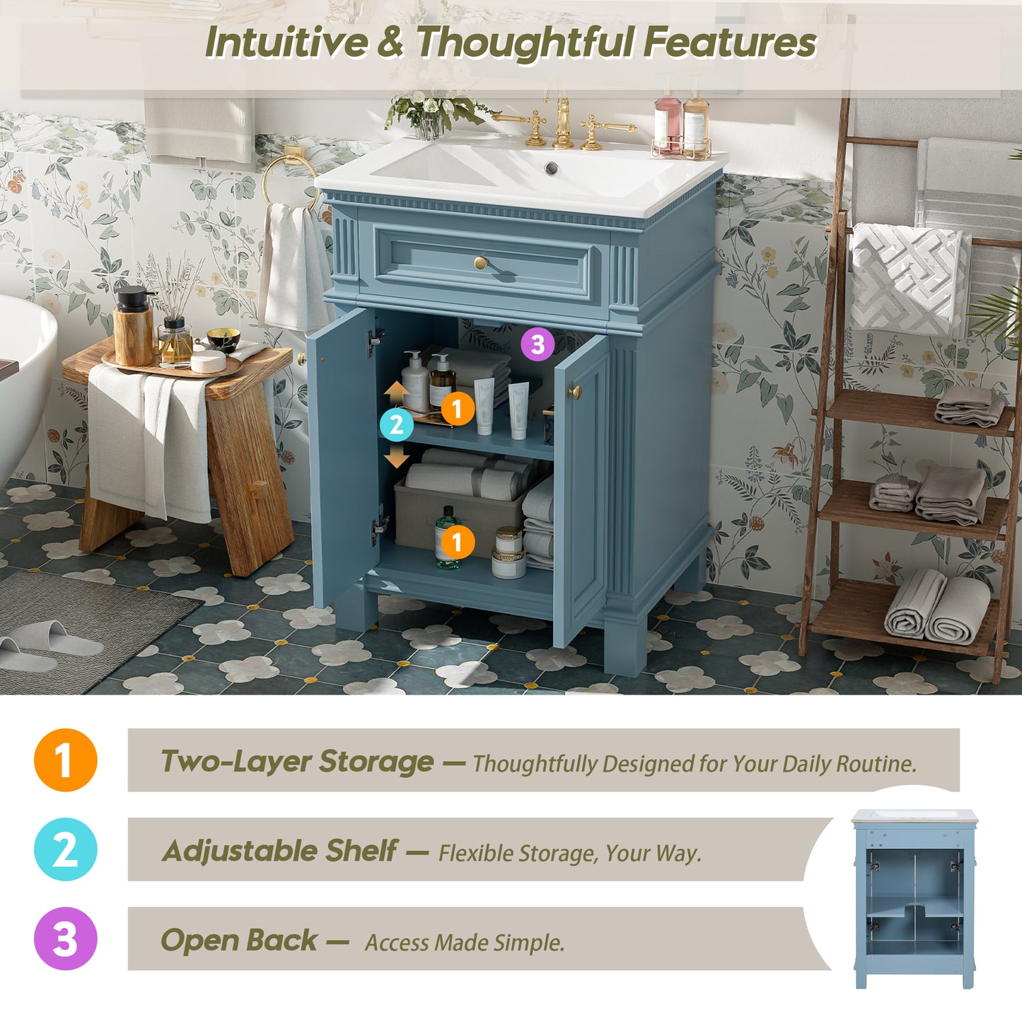 24   Vintage Elegance Bathroom Cabinet With Soft Closing Doors And Adjustable Shelf, Bathroom Vanity With Ceramic Sink