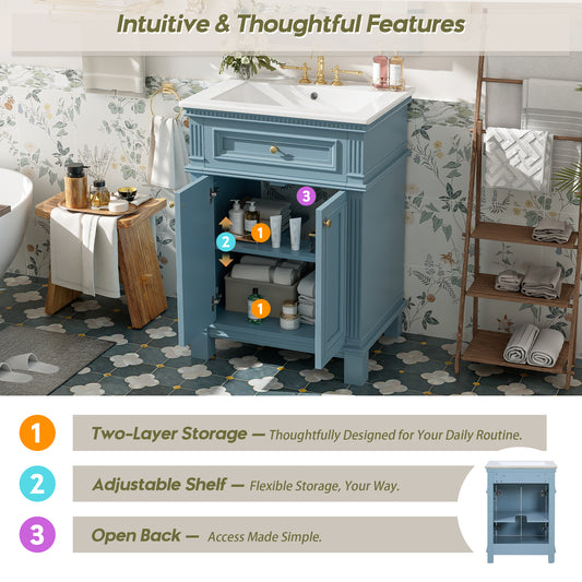 24   Vintage Elegance Bathroom Cabinet With Soft Closing Doors And Adjustable Shelf, Bathroom Vanity With Ceramic Sink