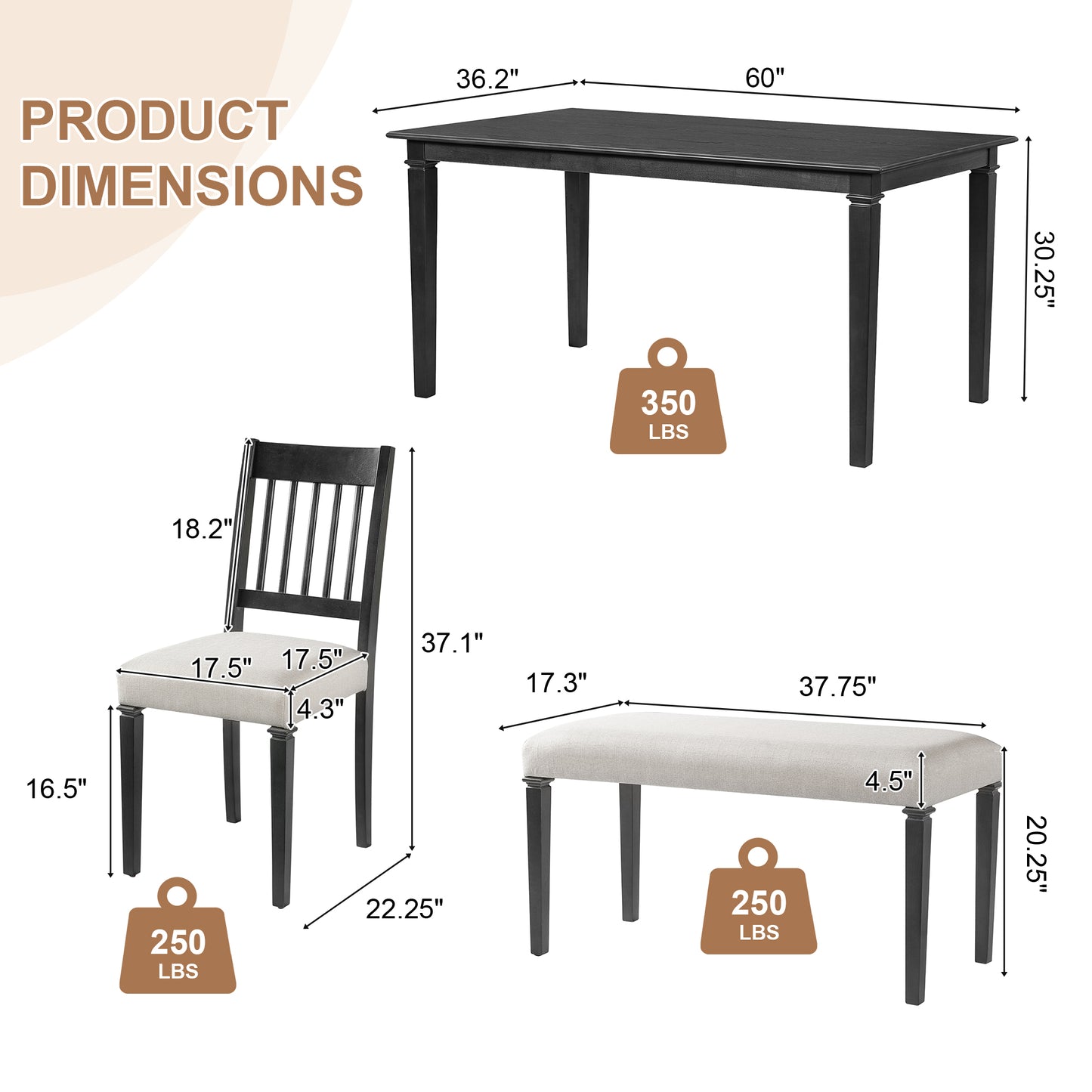6-Piece Retro Dining Room Set, Classic Kitchen Furniture Set, Wooden Rectangular Table And 4 Chairs With Bench For Kitchen & Dining Room, Easy Assembly, Space Saving, DOVETAIL GREY  N752S000031