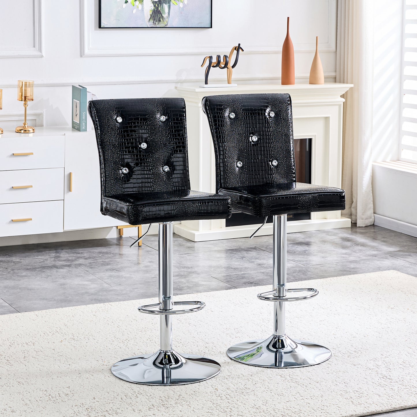 A Set Of 2 Black Vintage Crocodile Leather Lift Bar Chairs, Featuring Crystal Clasp Design And Synthetic Leather Design, Adding A Touch Of Elegance And Mystery To The Dining Area
