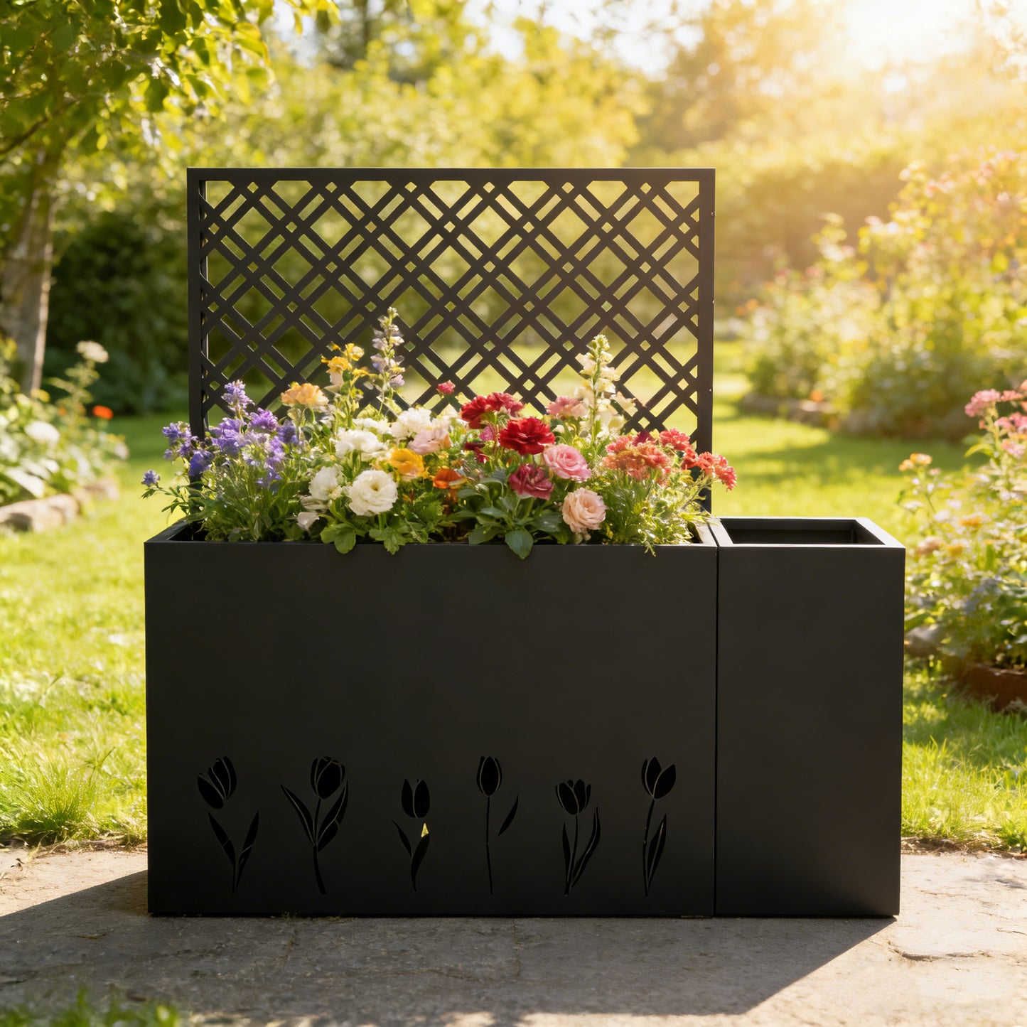 2-Piece Metal Planter Box With Trellis - 23.6in Depth Raised Garden Bed For Outdoor Indoor Use, Rust-Resistant Galvanized Steel Flower Planter With Drainage Holes, Tulip Black