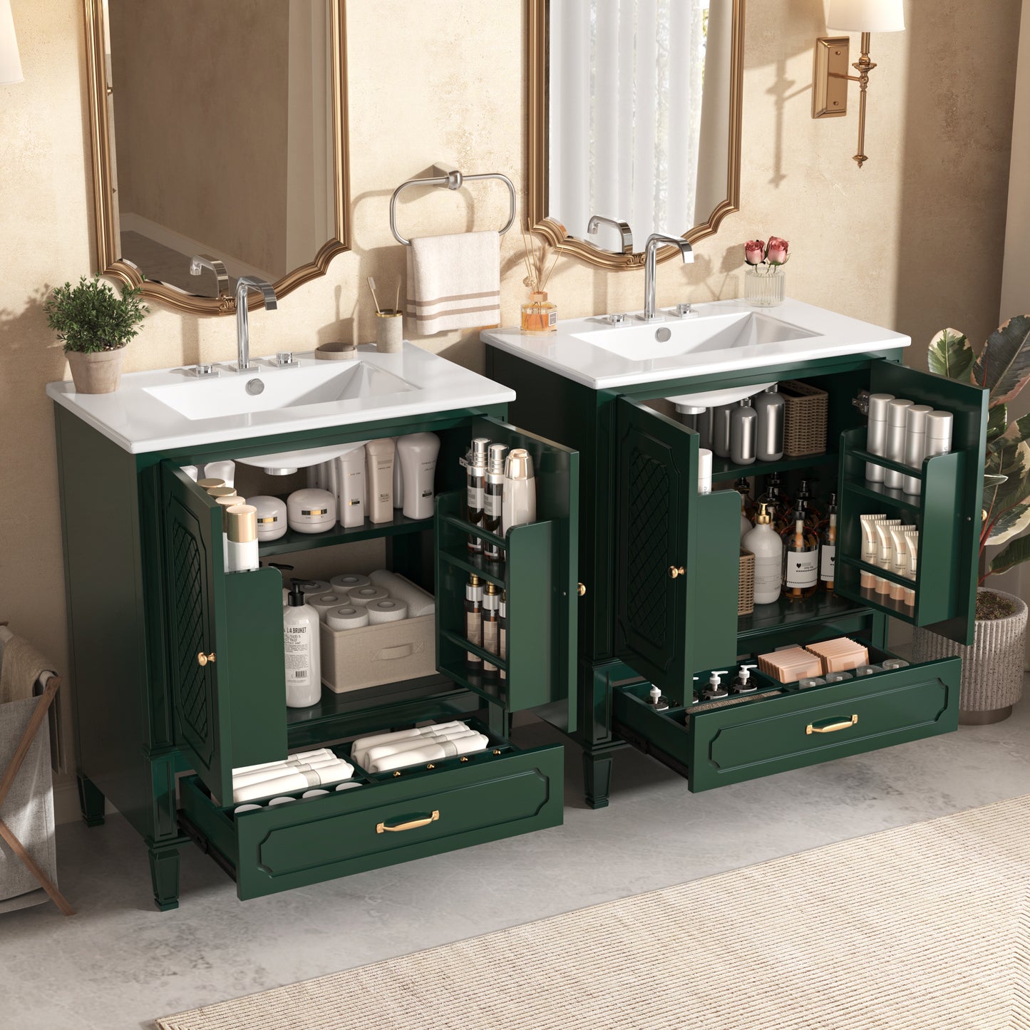 60  Bathroom Vanity With Double Sink Combo Set, 2 Cabinet With Door Organizers, 2 Drawers, Green