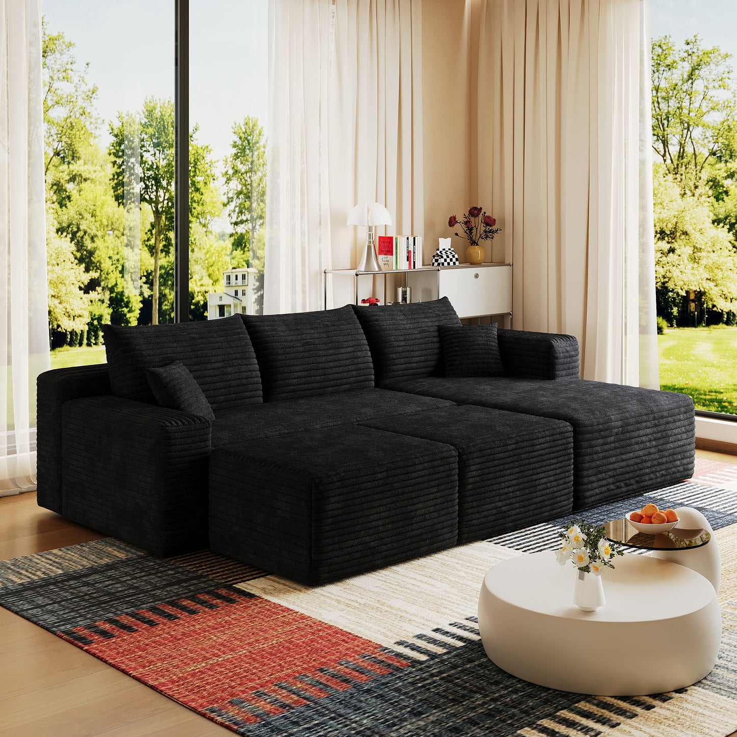 95  Cloud Sectional Sofa With 2 Ottoman,Modern Minimalist Upholstered Couches, Comfort U Shaped Sofa For Living Room,Deep Seat Corner Couch,No Assembly Required,Black  Plush Corduroy Fabric