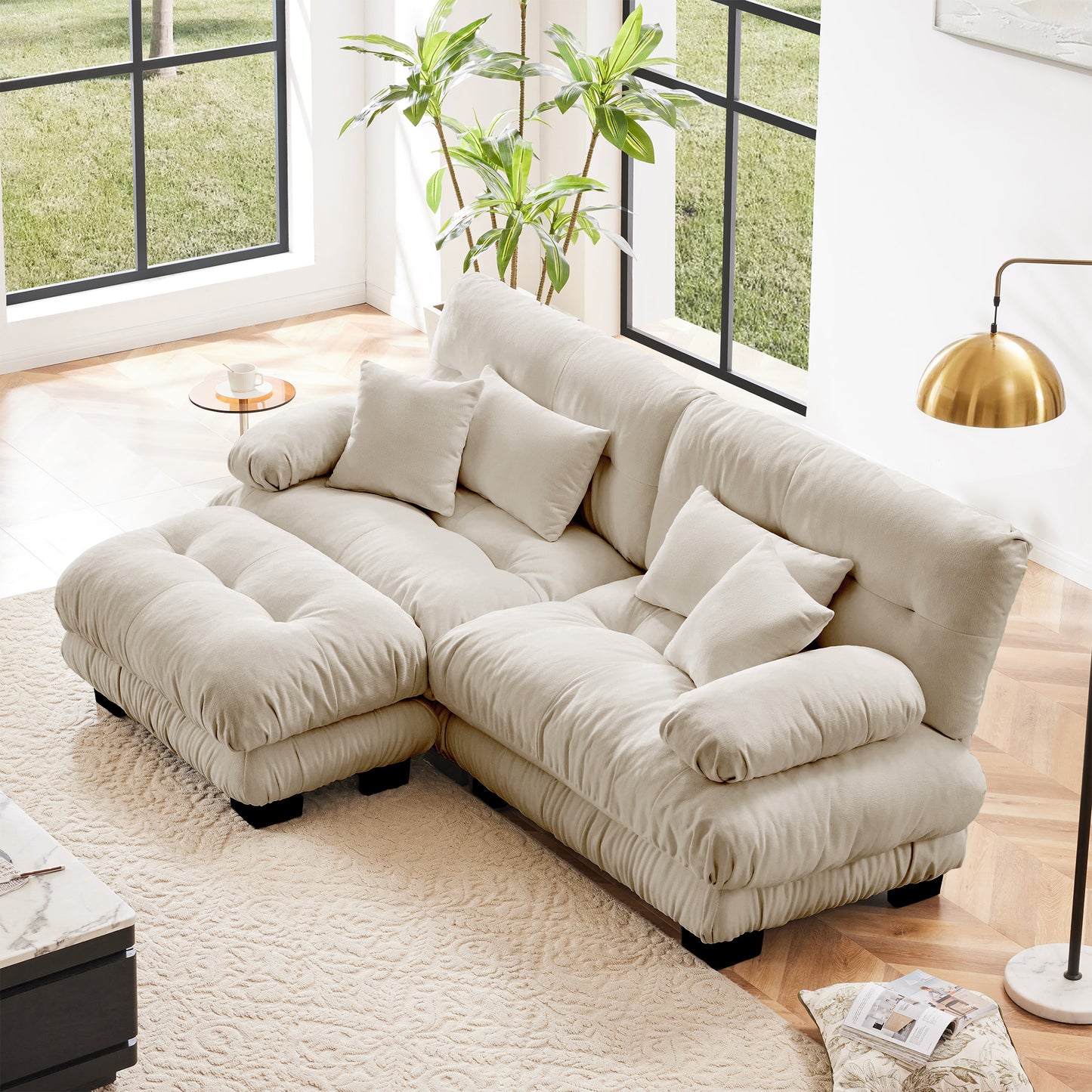 Cloud Couch Sectional Sofa For Living Room, Chenille 2 Seater Sofa With 2 Lumbar Pillows And 2 Throw Pillows , Upholstered Wide Arm Sofa With Convertible Ottoman,Chenille Light Coffee