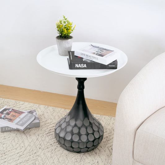 Accent Metal Coffee Table, Pedestal Table For Living Room, Hand-hammered Texture, White Black