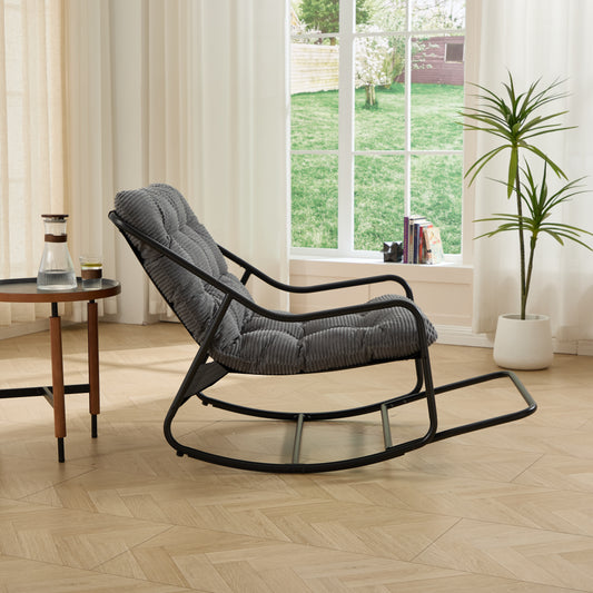 Outdoor Rocking Chair, Comfy Cushion, With Soft Thick Cushion,for Living Room, Bedroom, Reading Room, Black Frame With Grey Cushion