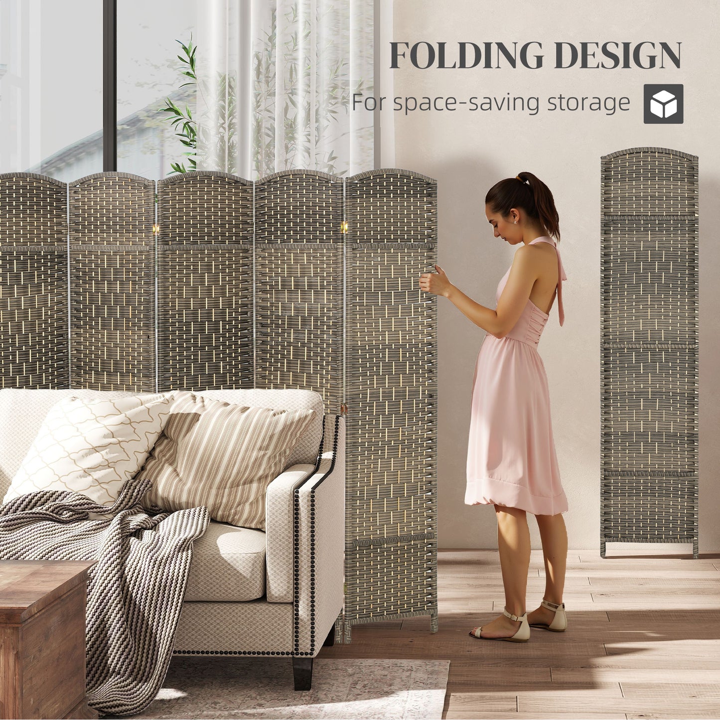 Folding Room Divider Screen 6 Panel 6' Tall Privacy Screen Freestanding Wood Partition For Home Office, Dark Rustic Oak