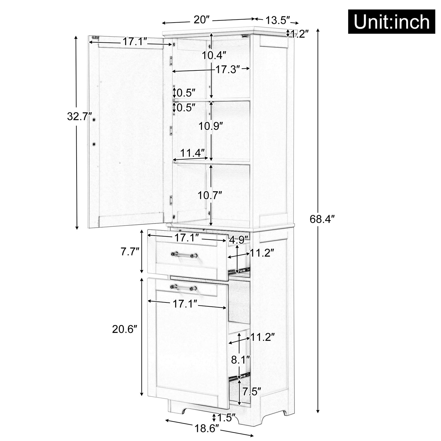 Tall Bathroom Storage Cabinet, Freestanding Storage Cabinet With Two Different Size Drawers And Adjustable Shelf, MDF Board With Painted Finish, Black