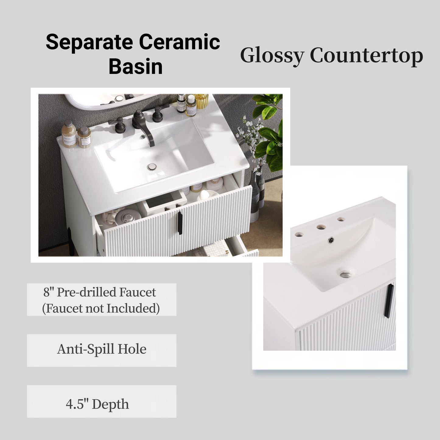 30 Bathroom Vanity With Ceramic Sink And Full-Extension Drawers, Soft Close Undermount Drawer Slides, Fluted Design, White