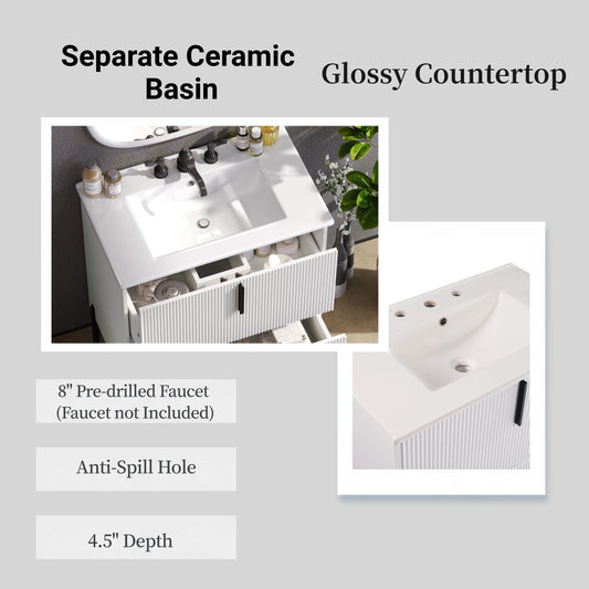 30 Bathroom Vanity With Ceramic Sink And Full-Extension Drawers, Soft Close Undermount Drawer Slides, Fluted Design, White