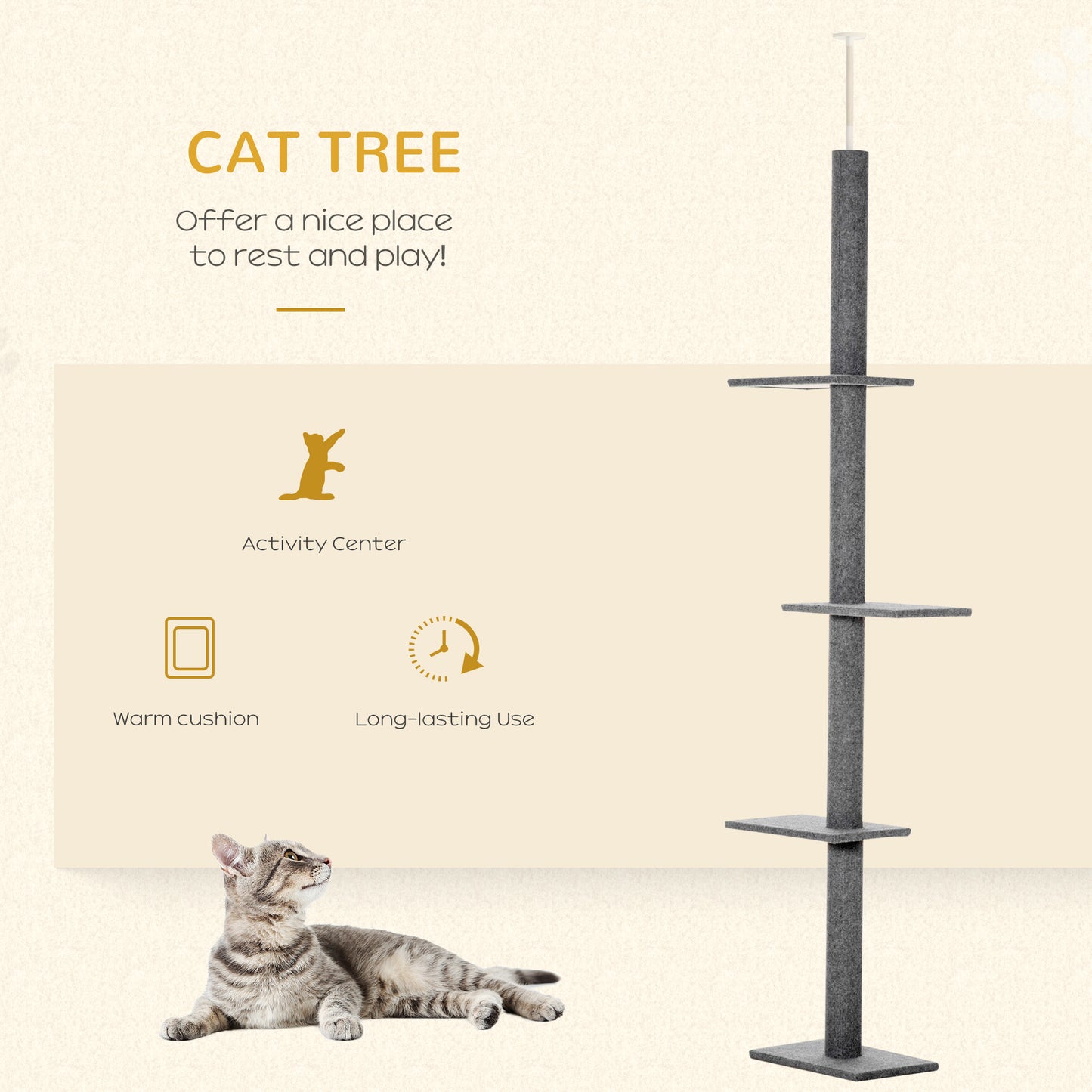 Floor-to-Ceiling Cat Tree Cat Climbing Tower With Sisal-Covered Scratching Posts Natural Cat Tree Activity Center For Kittens Cat Tower Furniture, Grey
