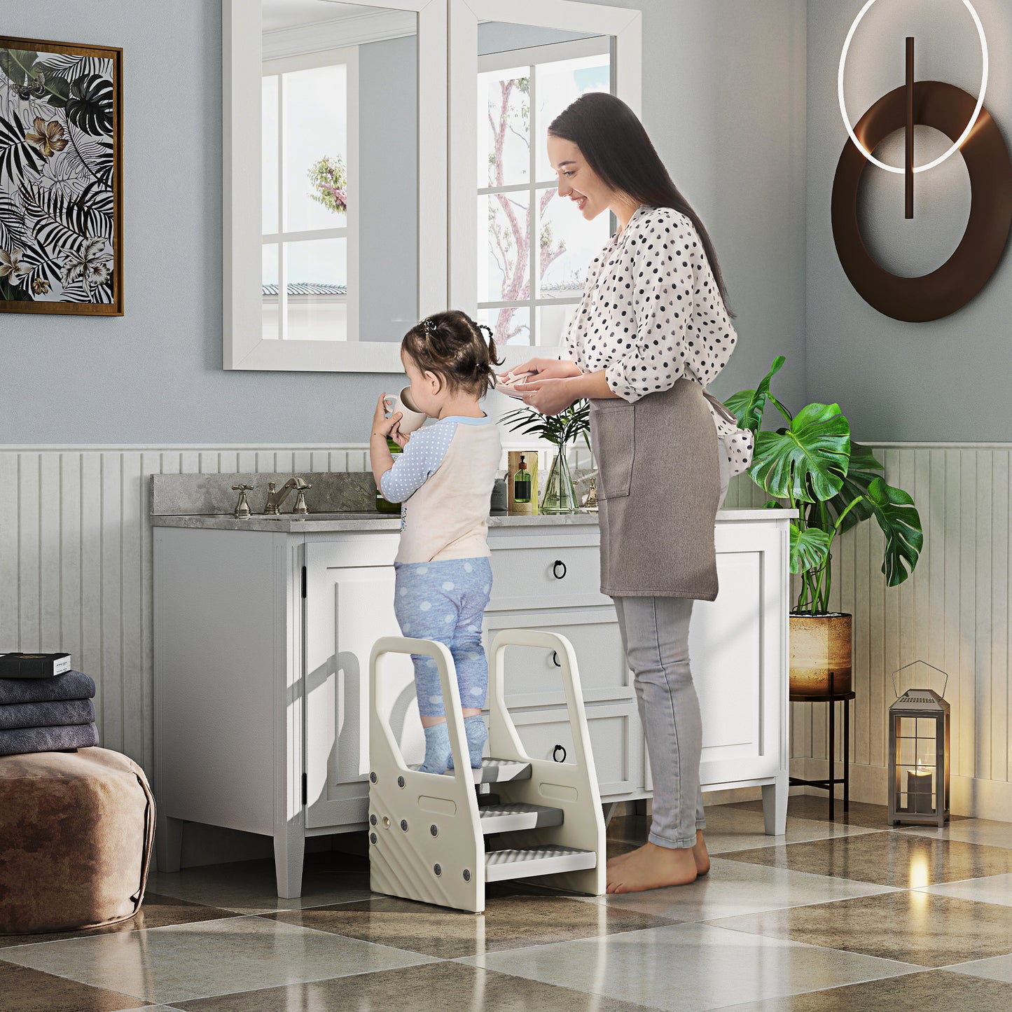 Adjustable 3 Step Toddler Tower With Handles, Non-slip Surface & Foot Pads, Gray