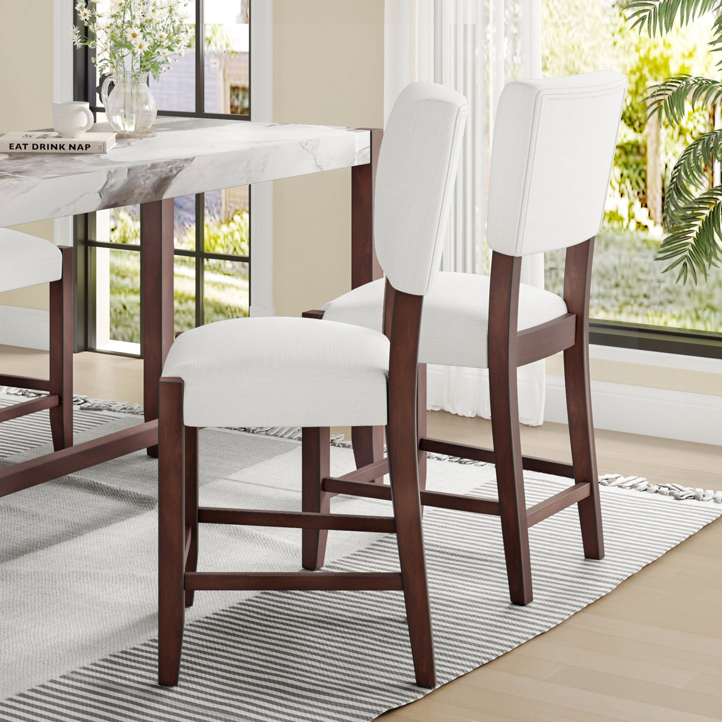Mid Century Modern Bar Stools Set Of 2, 40.4  Counter Stools With Back, Linen Upholstered Barstools With Solid Wood Legs Bar Chairs For Kitchen Island Dining Room, Beige