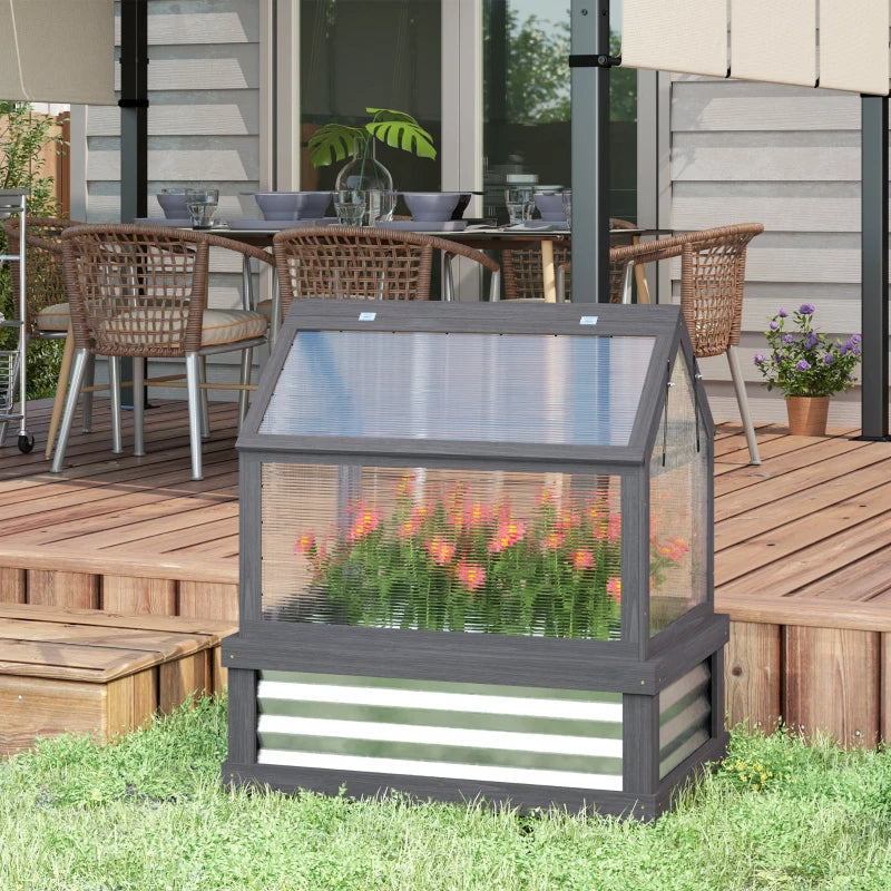 Outsunny Raised Garden Flower Bed Kit With Greenhouse, Wooden Cold Frame Planter