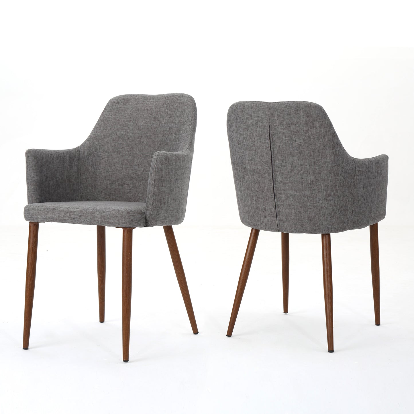 Mid Century Modern Fabric Upholstered Dining Chairs Armchairs, Set Of 2, Light Grey And Dark Walnut